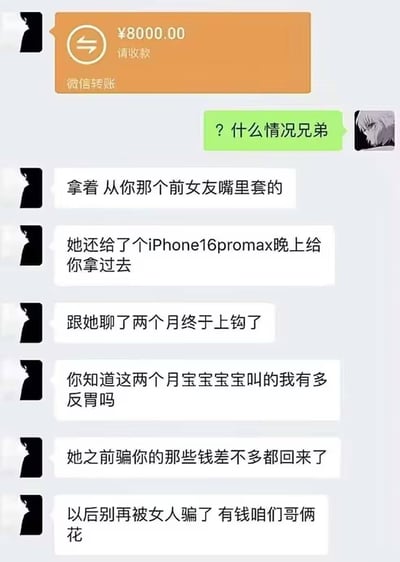 这是一组微信聊天截图表情包，内容围绕一位朋友突然收到转账8000元，对方解释称骗了前女友并送上iPhone16promax，最终‘追回’以前被骗的钱。对话既有调侃，也暗藏自嘲和兄弟情义。整体气氛轻松搞笑，带点“男人间同仇敌忾”的意味。

存在双关/自嘲：
- “你知道这两个月宝宝宝宝叫的我有多反胃吗”表达了为达目的的忍耐和无奈。
- “差不多都回来了”“以后别再被骗了”用钱与情感的亏损暗作对比，有反讽色彩。