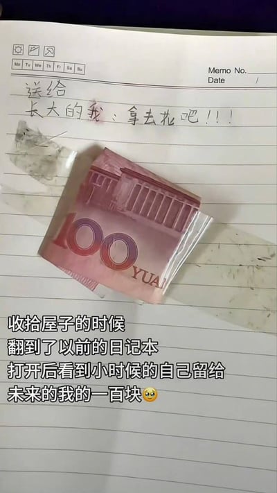 一张写着“送给长大的我：拿去花吧！！！”的便签纸上，放着一卷用透明胶带简单包裹的100元人民币。图片下方配有文字说明：“收拾屋子的时候翻到了以前的日记本，打开后看到小时候的自己留给未来的我的一百块🥺”，整体充满了童年回忆与温暖的反差感。