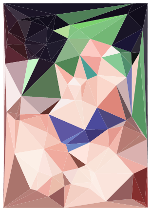 这是一幅竖版的低多边形（Low Poly）风格抽象图像，由大量不同形状的三角形色块拼接而成，色彩包含深灰黑、墨绿、浅粉、暖棕、蓝紫等多种色调，色块之间以深色线条分割，整体呈现出富有层次感的几何拼接视觉效果，风格简约现代，属于抽象的色彩与形状组合，没有具体的具象内容。