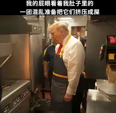 图片中是美国前总统唐纳德·特朗普穿着白色衬衫、红色领带和深蓝色围裙，站在一个厨房或食品加工区域，周围有不锈钢设备。图片上方添加了一行中文文字：'我的屁眼看着我肚子里的一团混乱准备把它们挤圧成屎'，通过将特朗普的形象与粗俗的消化系统比喻结合，形成一种黑色幽默效果。