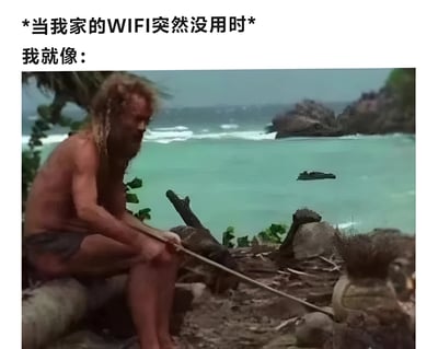 这张梗图展示了一个人坐在海边岩石上，望着远处的小船，配文‘当我家的WIFI突然没用时 我就像：’，用孤岛般的场景比喻断网时的无助感，引发用户共鸣。