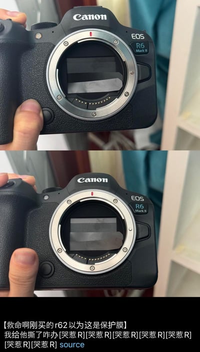 这是一张上下拼接的对比实拍图，展示了刚购入的佳能EOS R6 Mark II相机：上图是相机未损坏时的状态，能看到完整的快门组件；下图是用户误将快门组件当成机身内部的保护膜撕掉后的状态，快门部分出现明显破损。图片底部配有大段求助文字，表达了用户发现失误后的崩溃与懊悔，是新手接触专业相机时容易出现的乌龙事件。