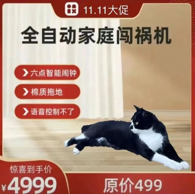 这是一张模仿双十一促销广告风格的搞笑图片，主角是一只黑白相间的猫，被戏称为“全自动家庭闯祸机”。图片上方有“11.11大促”字样，中间列出三项“功能”：六点智能闹钟（暗指猫咪清晨叫醒主人）、棉质拖地（调侃猫咪用爪子或身体蹭地）、语音控制不了（幽默表达猫咪不受管教的特性）。底部标注“惊喜到手价 ¥4999”和“原价499”，通过夸张的价格对比制造喜剧效果，整体以轻松诙谐的方式展现猫咪在家中“闯祸”的可爱一面。
