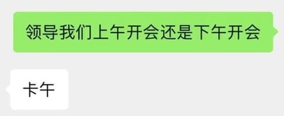 一张模拟职场聊天的截图，包含两个对话气泡。上方绿色气泡内容为'领导我们上午开会还是下午开会'，下方白色气泡仅回复'卡午'。通过谐音和双关手法，'卡午'巧妙暗示会议被安排在中午时段，导致员工无法正常午休，幽默吐槽了职场中常见的不合理会议时间安排。