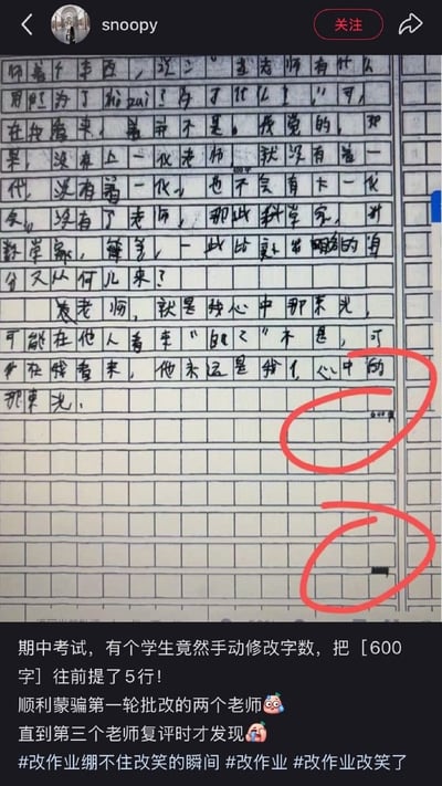 这是一张社交媒体分享截图，主体是一份学生手写的语文考试作文答卷，作文内容为抒发对老师的敬重，认为教师职业意义重大，是自己心中的光。考生为了凑够600字的作文字数要求，手动将作文稿纸右侧原本的600字标注线往前挪动了5行，图中用两个红圈分别标注了被挪动的600字标线和原本的标线位置。截图下方是发布者配文，说明该考生的操作蒙骗过了前两位批改老师，直到第三位老师复评时才被发现，还附带了相关的改作业话题标签。