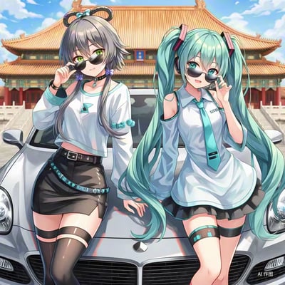 这是一张AI生成的二次元风格图像，画面中虚拟歌姬洛天依和初音未来以潮流穿搭亮相：两人都戴着墨镜，洛天依穿着露脐上衣搭配黑色短裙与过膝袜，初音未来则是标志性的蓝白上衣配领带，两人姿态酷炫地倚靠在一辆银色奔驰轿车的车头。背景是类似故宫太和殿的中式传统宫殿建筑，将虚拟偶像的时尚感与传统建筑、现代汽车结合，营造出反差感十足的酷炫潮流氛围。