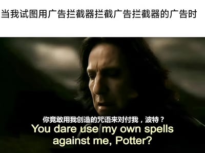 图片上方文字描述了'当我试图用广告拦截器拦截广告拦截器的广告时'的场景，下方是《哈利·波特》电影中西弗勒斯·斯内普的截图，配有字幕'你竟敢用我创造的咒语来对付我，波特？ You dare use my own spells against me, Potter?'。通过将广告拦截器之间的拦截行为类比为斯内普对波特使用自己咒语的质问，形成一种循环悖论的幽默效果，讽刺了广告拦截器自身也可能推送广告的现象。