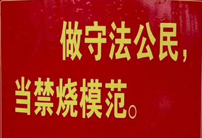 这是一张原始拍摄的静态标语牌图片，采用红底黄字的顶配底文样式，画面中只有宣传文字，内容为“做守法公民，当禁烧模范。”。该标语旨在倡导民众遵守法律法规，成为禁止焚烧（大概率指向秸秆焚烧）行为的模范，整体风格正式严肃，没有双关、谐音梗或暗示类内容。