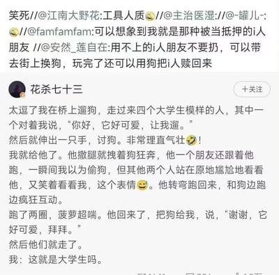 这是一张微博平台的社交媒体截图，内容分为两部分：上方是多层转发的玩梗评论，围绕“用i人朋友换狗遛”的趣味脑洞展开；下方是微博用户「花杀七十三」分享的亲身趣事：博主在桥上遛狗时，遇到四个大学生，其中一个理直气壮地向博主讨狗来遛，拿到狗后立刻拽着狗狂奔，同行的朋友里一人跟着跑，另外两人留在原地尴尬陪笑，让博主误以为遇到偷狗的，最后大学生遛完喘得不行的狗，将狗还给博主并道谢后离开，博主发出“这就是大学生吗”的感慨，整个内容充满大学生的跳脱感，搞笑又接地气。