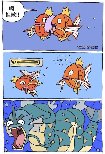 这是一幅三格的宝可梦主题搞笑手绘漫画。第一格中，两只宝可梦鲤鱼王在水中意外相撞，左侧的鲤鱼王惊慌地道歉；第二格中，相撞后的左侧鲤鱼王直接HP清空，变成舌头外伸的濒死状态，右侧的鲤鱼王则获得了20点经验值，还原了宝可梦游戏中击败对手获得经验的设定；第三格中，画面切换到鲤鱼王的进化型暴鲤龙，它张大嘴巴，露出极度震惊的表情，对鲤鱼王之间的碰撞就能造成击杀的离谱情况感到不可思议，通过夸张的情节调侃了鲤鱼王的弱小，制造出荒诞搞笑的效果。