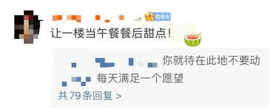 这是一张社交媒体聊天记录截图，显示用户间的幽默互动场景。截图中上方用户带有“铁粉4”徽章，发表评论“让一楼当午餐餐后甜点！”并配有西瓜 emoji；下方有回复“你就待在此地不要动 每天满足一个愿望”，底部显示“共79条回复”。整体内容为网络调侃性质，氛围轻松有趣。