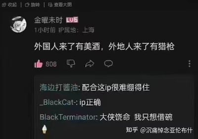 这是一张社交媒体截图，用户「金曜未时」（LV6等级，IP属地显示为上海）发布了一条夸张发言：「外国人来了有美酒，外地人来了有猎枪」，该发言获得808个点赞。下方有三条网友评论：「海边打酱油:配合这ip很难绷得住」、「_BlackCat-:ip正确」、「BlackTerminator:大侠饶命 我只想借碗」。网友们结合发言者的上海IP，用调侃、夸张的评论呼应原发言的极端表述，制造出搞笑的玩梗效果，调侃相关地域刻板印象。