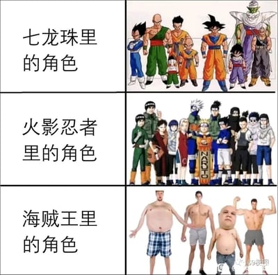 这是一张采用三行两列布局的多图拼接梗图，属于动漫圈的恶搞创作。第一行左侧配有文字“七龙珠里的角色”，右侧是经典动漫《七龙珠》的官方卡通角色群像，包含孙悟空、贝吉塔、短笛、克林等核心角色，角色们站姿整齐，呈现出热血动漫的严肃感；第二行左侧文字为“火影忍者里的角色”，右侧是《火影忍者》的木叶村核心角色群像，涵盖漩涡鸣人、宇智波佐助、旗木卡卡西、春野樱等，角色们神态各异，还原了原作中的青春热血风格；第三行左侧文字为“海贼王里的角色”，右侧却没有使用原作的动漫角色，而是替换成了四个身材、姿态各异的真人——有肥胖的裸上身男子、精瘦的男子、光头胖小孩和摆肌肉造型的壮汉，通过前两行的正经动漫角色与第三行的真人恶搞形成强烈反差，以此制造搞笑效果，调侃《海贼王》中角色体型风格多样的特点，或是单纯用反差感博人一笑。
