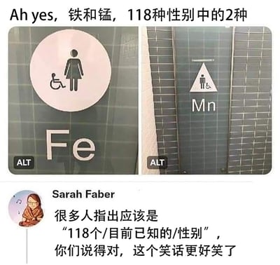 这是一张结合化学元素与性别议题的幽默梗图，整体为社交媒体截图形式。上方展示两张厕所标识图：左侧是带有女性和无障碍轮椅图案的圆形标志，下方标注化学元素铁的符号“Fe”；右侧是带有男性和无障碍轮椅图案的三角形标志，下方标注化学元素锰的符号“Mn”。主配文“Ah yes, 铁和锰, 118种性别中的2种”，利用目前已知化学元素共118种的常识，将元素概念替换为性别，以此调侃当下关于性别数量的讨论。下方是用户Sarah Faber的补充发言，称很多人指出应表述为“118个/目前已知的/性别”，并认可该修正让笑话更有趣，进一步强化了化学元素“已知数量”与性别议题的结合，通过荒诞的概念转换制造笑点。