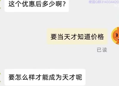 这是一张聊天记录截图，展示了一段因谐音梗产生的趣味对话。用户首先询问“这个优惠后多少啊？”，对方回复“要当天才知道价格”（意为价格需当天确认），而最后一条消息则将“当天”（dàngtiān）误听为“天才”（tiāncái），反问“要怎么样才能成为天才呢”，形成幽默的误会。
