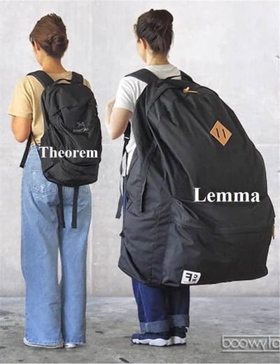 这是一张调侃数学领域中定理与引理关系的趣味梗图。画面中展示了两位背对着镜头的女生：左侧女生背着一个尺寸正常的始祖鸟黑色背包，上方标注英文“Theorem（定理）”；右侧女生背着一个体积远超常规的巨型黑色背包，上方标注英文“Lemma（引理）”。这个梗用视觉化的大小对比，生动地比喻了数学研究里的常见情况：定理往往是最终呈现的简洁、精炼的结论，而引理则是为了证明定理所需要完成的大量繁杂、庞大的铺垫性工作，以此调侃引理为支撑定理所承载的“沉重工作量”。