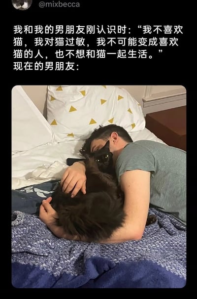 这是一则充满趣味的“真香”主题内容，上方文字记录了用户的男友在刚认识时的表态：称自己不喜欢猫、对猫过敏，绝对不会成为喜欢猫的人，也不愿和猫共处；而下方的实拍照片则呈现了完全相反的场景——这位男友正躺在床上，双臂紧紧环抱着一只黑色长毛猫，和猫亲密地贴在一起，猫咪也安静地依偎在他怀中，两者的状态十分温馨。前后态度的巨大反差，制造出了搞笑又治愈的效果，展现了人在与宠物相处后态度发生转变的真实日常。