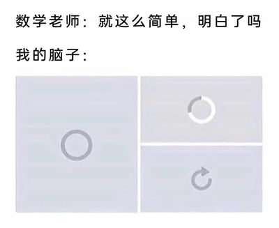这是一张图文混排的搞笑梗图，上方呈现两段文字对话：数学老师自信地询问学生“就这么简单，明白了吗”，下方标注“我的脑子：”，并搭配三个不同的加载类图标来具象化学生的脑子状态：左侧是一个完整的灰色加载圈，代表脑子一片空白、完全没有接收到知识内容；右上是一个加载到一半的白色转圈图标，表现脑子试图理解知识但卡在加载过程中，无法推进；右下是一个带箭头的刷新转圈图标，象征脑子在反复运转却始终无法理解、陷入循环的状态。整张图生动又真实地还原了大量学生在听老师讲解看似简单的数学知识后，脑子完全跟不上节奏、无法理解知识的窘迫又搞笑的学习日常，引发学生群体的强烈共鸣。