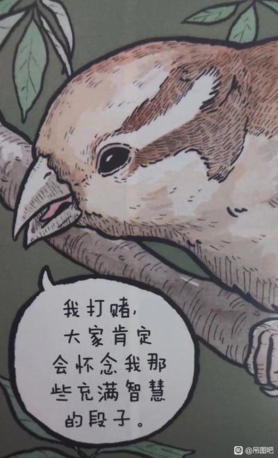 这是一幅手绘风格的静态卡通插画，画面主体是一只浅棕色的小鸟，它趴在树枝上，嘴巴微张，神态带着得意的情绪，旁边的白色对话气泡中写着“我打赌，大家肯定会怀念我那些充满智慧的段子。”，通过拟人化的手法，赋予小鸟自我认可、略带调侃的人格化情绪，背景搭配简单的树枝与树叶，整体画风质朴自然，传递出一种轻松幽默的氛围。