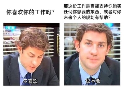 这是一张左右分栏的对比式梗图，通过两组提问与回答，精准刻画了当代部分职场人的无奈处境。左侧画面中，身着西装的男士低头垂目，神情低落，对应提问“你喜欢你的工作吗？”，回答是直白的“不喜欢”；右侧画面中，该男士抬头正视前方，表情带着麻木与无奈，对应提问“那这份工作是否能支持你购买任何你想要的东西，或者对你未来个人的规划有帮助？”，回答是扎心的“也不能”。图片用简洁的对话，将打工人从事无意义、无价值工作的失望与无力感展现得淋漓尽致，极易引发职场群体的情感共鸣。