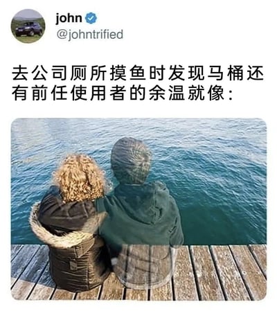 这是一张来自X.com用户john的社交媒体截图，上方文字描述了职场人在公司厕所摸鱼时，发现马桶圈残留前任使用者余温的尴尬场景，并配文“就像：”引出下方图片。图片主体是一张两人背影照：金发卷发者和深色短发者并肩坐在海边木质码头上，共同望向蓝色海面，氛围宁静而略带亲密。通过将厕所余温这一尴尬日常与浪漫海景照形成强烈反差，制造出荒诞又搞笑的幽默效果，精准戳中职场摸鱼族的生活体验。