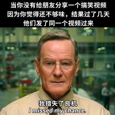 图片上方为黑色背景白色文字，描述了一个生活场景：当你因为觉得一个搞笑视频不够精彩而没有分享给朋友，结果几天后朋友反而把同一个视频发给了你。图片下方是《绝命毒师》中沃尔特·怀特（Bryan Cranston饰演）的影视截图，他戴着眼镜，表情严肃地直视前方，下方配有文字“我错失了良机 I missed my chance.”，幽默地表达了错过分享先机的懊悔心情。