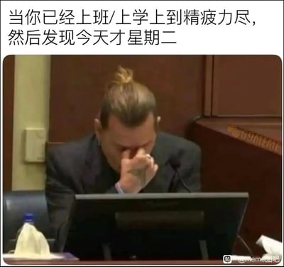 这是一张引发打工人和学生党共鸣的梗图，上方配文“当你已经上班/上学上到精疲力尽，然后发现今天才星期二”，精准戳中了人们在刚开启一周的工作学习后，就已经身心俱疲，却发现工作日/上学日才刚刚走到第二天的绝望心情。图中是演员约翰尼·德普在庭审现场的画面，他双手捂住脸部，神情疲惫崩溃，这个状态完美契合了配文所描述的情绪，让观看者很容易代入自身的疲惫感受。