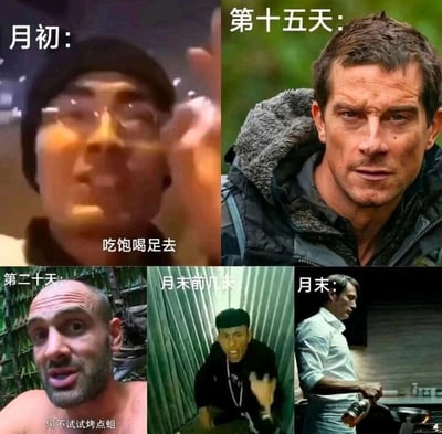 这是一张多图拼接的连环梗图，通过五个阶段的画面，以夸张戏谑的方式调侃当代年轻人“月光式”的月度生活状态：1. 月初：搭配一位戴着帽子眼镜的人物，配文“吃饱喝足去”，表现月初刚拿到收入，手头宽裕、生活潇洒滋润的状态；2. 第十五天：使用野外求生专家贝尔·格里尔斯的形象，暗示此时钱包已经缩水，需要像在荒野求生一样精打细算度日；3. 第二十天：搭配另一位野外求生类博主的形象，配文“何不试试烤点蛆”，表现经济状况进一步恶化，已经要开始寻找极端的省钱方式维持生活；4. 月末前几天：使用一位情绪激动的人物形象，表现此时因经济拮据而心态崩溃的状态；5. 月末：使用一位手持酒瓶的颓废人物形象，表现月末彻底没有积蓄，只能潦倒度日的状态。整体用反差强烈的画面，精准戳中“月光族”的生活痛点，充满调侃意味。