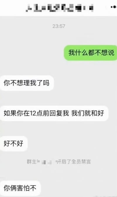 这是一张微信群聊搞笑截图，聊天时间显示为23:57，绿色气泡的发言方先表示“我什么都不想说”，随后另一方连续发送三条消息，先是询问对方是不是不想理自己，接着提出如果对方在12点前回复就和好的约定，还追问“好不好”，就在这个节点群主突然开启了全员禁言，直接打断了两人的和好流程，最后还有其他群成员发消息调侃“你俩害怕不”，整体情节充满意外反转的喜剧效果。