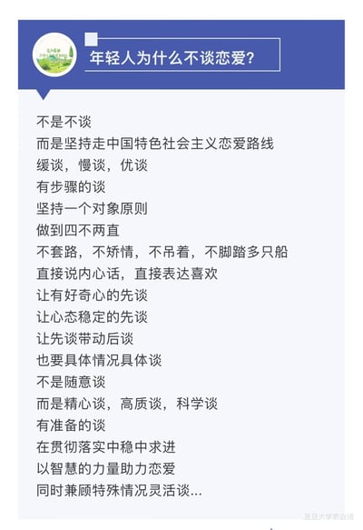 这张图以调侃的风格，用类似官方政策文件的严肃表述方式，回应「年轻人为什么不谈恋爱」的问题，创造出「中国特色社会主义恋爱路线」的搞笑说法，包含缓谈慢谈优谈、坚持一个对象原则、四不两直等一系列套用正式话术的恋爱准则，将严肃的表述逻辑嫁接到日常恋爱话题上，形成强烈的反差感，十分幽默。