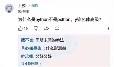 一张社交媒体截图，显示用户"上校str"发布的一条幽默提问："为什么是python不是pxthon，y染色体高级？"，下方有三条评论回应。这是一个关于编程语言Python名称的文字梗，通过将字母"y"与Y染色体联系起来制造笑点。