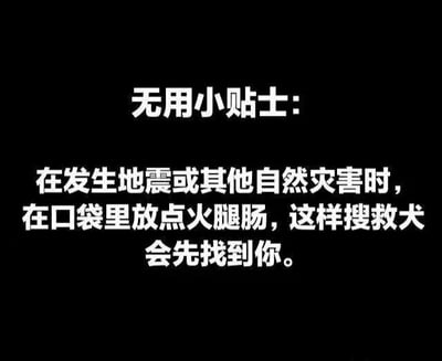这是一张黑色背景的纯文字梗图，内容为‘无用小贴士：在发生地震或其他自然灾害时，在口袋里放点火腿肠，这样搜救犬会先找到你’。图中文字以幽默的方式结合搜救犬的习性，提供了一个看似实用实则搞笑的自救建议，核心笑点在于利用动物本能制造反差感。