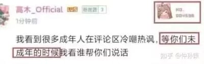 这是一张社交媒体评论截图，内容为B站用户“高木_Official”发布的评论，该用户带有LUS标识和3级粉丝团标识，评论发布时间显示为1分钟前。评论原文为“我看到很多成年人在评论区冷嘲热讽，等你们未成年的时候我看谁帮你们说话”，但文字被错误断行，“等你们未成年的时候”被两个红色框分别标注为“等你们未”和“成年的时候”，形成了视觉上的断句歧义，原本表达的是“当你们处于未成年阶段时”的意思，被拆分后容易让人产生误读，制造出滑稽的效果。截图右上角有一个表情平静的卡通女性角色头像，右下角带有知乎用户“仲孙策”的水印，整体属于图文混排的社交媒体截图。