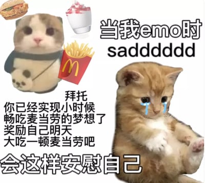 这张梗图以两只猫咪为主角，结合了流行的“emo”情绪表达和麦当劳等快餐元素，描绘了人在难过时会选择通过吃麦当劳等美食来安慰自己的心理状态。左边的猫咪身旁配有汉堡、圣代和薯条等麦当劳食物，右边的小猫则流着泪，画面文字表达了“小时候畅吃麦当劳的梦想已经实现，现在可以用它来奖励自己”。整体氛围有点自嘲和无奈，也充满温馨的自我安慰色彩。

画面有轻微的暗示：通过食物安慰自己是成年人负面情绪的常见出口，表现现代都市生活的无奈与自嘲。