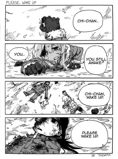这是一幅基于《少女终末旅行》创作的四格黑白同人漫画，背景设定在风雪交加的末日废墟中：
1. 第一格：戴着厚帽子的尤莉在风雪里呼喊同伴“CHI-CHAN..”；
2. 第二格：尤莉凑近倒地的千都，带着焦急的语气询问“YOU.. YOU STILL AWAKE?”；
3. 第三格：场景变得混乱，千都的身体飘起，尤莉崩溃地呼喊“CHI-CHAN, WAKE UP.”；
4. 第四格：千都的虚弱特写，尤莉的声音带着绝望恳求“PLEASE WAKE UP.”
整体氛围悲伤绝望，刻画了末日里同伴即将离去时的痛苦与无力。