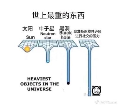这是一张结合天体物理概念创作的搞笑静态梗图，以“世上最重的东西”为主题，利用广义相对论中天体质量造成时空弯曲的视觉化表现来类比“重量”。图中从左到右依次展示了太阳、中子星、黑洞以及“我准备返校并必须进行社交的压力”这四项，对应的时空弯曲程度逐步加深，其中“返校社交压力”造成的时空弯曲比黑洞还要夸张，生动地将社恐人群面对返校社交的巨大心理压力具象化，用科学概念的反差感制造笑点，精准戳中了有社交恐惧、返校焦虑人群的情绪痛点。图的右下角配有一个捂脸的“难受”表情包，进一步强化了抗拒、无奈的情绪，底部还有英文“HEAVIEST OBJECTS IN THE UNIVERSE”呼应主题。