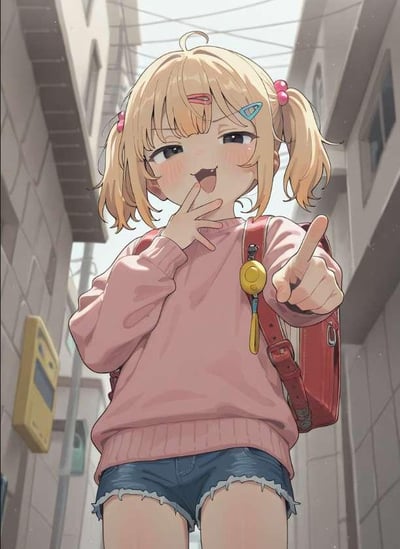 图中是一位金发双马尾少女，她穿着粉色毛衣和牛仔短裤，背着红色背包，站在 alley 中。少女脸上带着俏皮的表情，一只手伸出指向前方，另一只手放在嘴边，仿佛在说悄悄话。背景是两旁的建筑物，营造出一种城市小巷的氛围。