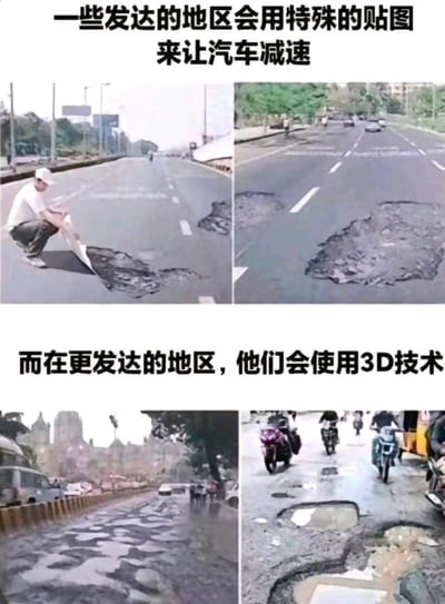 这是一组由四张真实路面照片拼接而成的搞笑梗图，采用反讽的手法调侃道路维护问题：
1. 上半部分配文“一些发达的地区会用特殊的贴图来让汽车减速”，配图为一名男子蹲在路面的小坑洞旁进行绘制，假装是用于让车辆减速的3D贴图；
2. 下半部分配文“而在更发达的地区，他们会使用3D技术”，配图为路面上真实存在的大面积破损、坑洼，以此反讽部分地区路面破损严重却未及时修缮，被网友调侃成“天然3D减速技术”。
整体无谐音双关，核心是通过反差感制造讽刺效果。