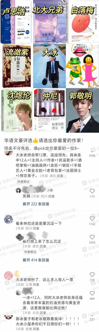 这是一张社交媒体截图，展示了一个名为"华语文豪评选"的幽默投票活动。图片上方是多位作家的书籍封面拼贴，包括卢思浩、白落梅、流潋紫、大冰、沈煜伦、仲尼和郭敬明等。下方是网友的搞笑评论，如"看来仲尼还是需要沉淀一下"、"大冰老师秒了，这么多人每人一票"等，充满了对评选活动的调侃和讽刺。