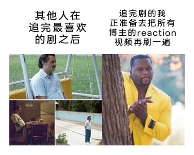 这张图片以左右对比的形式，生动呈现了追完喜爱剧集后的两种截然不同的状态：左侧代表“其他人”，选用美剧《毒枭》里巴勃罗的三个场景，分别是独自坐在秋千上发呆、独自坐在餐桌前、独自站在空地上，画面传递出追完剧后内心空虚、怅然若失的落寞情绪；右侧代表“追完剧的我”，使用一张网络梗图，图中人物躲在树后兴奋地搓手，搭配文字“正准备去把所有博主的reaction视频再刷一遍”，表现出部分追剧爱好者看完正片后，还想通过观看博主的reaction视频延续追剧快乐的积极兴奋状态，强烈的反差精准还原了这类观众的真实追剧日常，极易引发共鸣。