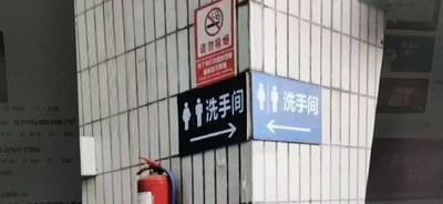 这张实拍图展示了一处建筑直角墙角的场景，墙面铺贴白色小方格瓷砖，墙角的两个相邻立面分别安装了公共洗手间指示牌：朝向左侧的黑色底色指示牌印有男女洗手间标识，搭配白色文字“洗手间”与向右的箭头，指示洗手间在右方；朝向右侧的蓝色底色指示牌同样印有男女洗手间标识，搭配白色文字“洗手间”与向左的箭头，指示洗手间在左方，两个同功能的指示牌指向完全相反，形成明显的指引矛盾。指示牌上方还设置有红白色的禁止吸烟标识，印有禁止吸烟的图案与“请勿吸烟”字样，墙角下方还放置有一个红色的手提式灭火器。