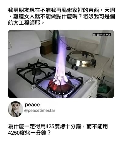 這張梗圖上方文字寫著：「我男朋友現在不準我再亂修家裡的東西，天啊，難道女人就不能做點什麼嗎？老娘我可是個航太工程師耶。」中間是一張廚房瓦斯爐的照片，爐子上的火焰異常巨大且呈現紫色，看起來相當危險。下方則有一個貓咪頭像和文字：「peace @peacetimestar」，以及另一行文字：「為什麼一定得用425度烤十分鐘，而不能用4250度烤一分鐘？」。

這張圖片的幽默在於反差：一位航太工程師用處理火箭推進器的思維來「修理」家用瓦斯爐，將溫度和時間簡單粗暴地按比例放大，導致出現誇張的危險火焰。諷刺了專業人士有時將複雜技術思維誤用於日常生活的搞笑場景，同時也帶有對性別刻板印象的幽默反擊。