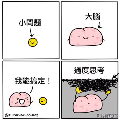 这是一幅四格连环卡通漫画，用拟人化的方式描绘了大脑面对小问题时的心理变化：第一格展示了标注为“小问题”的黄色轻松笑脸；第二格呈现了标注为“大脑”的粉色卡通大脑，表情轻松愉悦；第三格中，大脑自信地喊出“我能搞定！”，旁边是小问题的笑脸；第四格标注“过度思考”，此时大脑被一团密集的黑色杂乱线条笼罩，原本的小问题笑脸也被缠在黑线中，大脑表情变得低落茫然，生动地表现出过度思考会将简单问题复杂化，让自身陷入混乱思绪的状态。