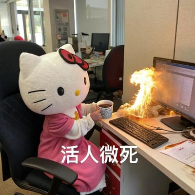 图中是戴着Hello Kitty头套的人物坐在办公室工位上，面前的电脑区域燃起明火，人物却淡定地端着咖啡杯，完全没有要处理火情的意思。画面下方配文网络热词‘活人微死’，这个词用来形容人在高压环境下，表面看起来正常鲜活，实则已经濒临崩溃、麻木倦怠的状态。这张图用强烈的反差感，精准调侃了职场人被工作压榨到麻木，对危机都无动于衷的疲惫处境。