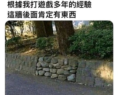 这是一张结合现实场景与游戏玩家趣味思维的梗图，主体是一张户外实拍的石墙照片，石墙整体由规整的方形石块砌成，唯独中间位置是用圆形石块堆砌出的凹陷结构，视觉上酷似游戏中常见的可互动隐藏门或通道。图片上方添加了文字“根据我打游戏多年的经验，这墙后面肯定有东西”，以游戏玩家的惯性思维调侃现实中的这个特殊建筑结构，将游戏里常见的隐藏元素设定代入现实场景，精准戳中游戏玩家的共鸣点，制造出轻松幽默的效果。