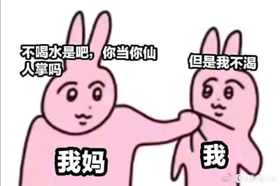 这是一张充满生活共鸣的卡通表情包，使用两只拟人化的粉色兔子分别代表“我妈”和“我”。左侧标注“我妈”的兔子，表情带着无奈又强势的神态，伸手扯着右侧标注“我”的兔子，配文“不喝水是吧，你当你仙人掌吗”，生动表现出妈妈担心孩子缺水、急切催促的状态；右侧的“我”兔子表情委屈，配文“但是我不渴”，还原了孩子觉得不渴、不想被催促的心理，精准捕捉到家庭里妈妈催喝水的日常互动场景，趣味十足，容易引发网友的共鸣。