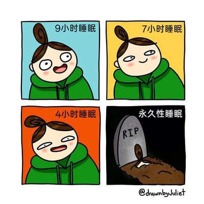 这是一幅由四格组成的卡通连环漫画，通过递进的场景展示不同睡眠时长对应的人物状态，用夸张幽默的方式传递睡眠健康相关的警示：左上角蓝色背景对应9小时睡眠，卡通人物双眼圆睁、嘴巴张开，表情兴奋又充满活力；右上角黄色背景对应7小时睡眠，人物眉眼舒展，面带微笑，状态放松满足；左下角橙色背景对应4小时睡眠，人物眼皮耷拉、眼神涣散，嘴巴微张，满脸疲惫不堪；右下角黑色背景对应“永久性睡眠”，画面呈现带有“RIP”标识的墓碑，卡通人物被埋在泥土之下，用极端化的结局调侃长期睡眠不足的严重后果。
