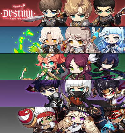 《MapleStory Destiny》的角色宣传图，展示了游戏中的多个Q版角色，他们身着不同职业的服装，手持武器或施展技能，背景采用红、蓝、绿、紫、灰等多种颜色区分。