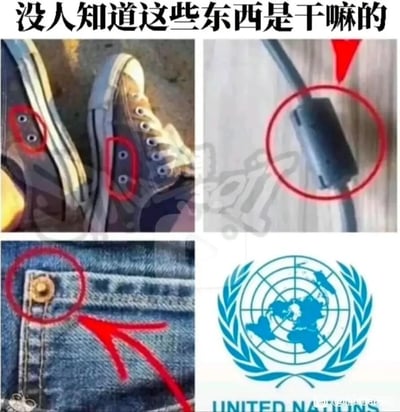 这是一张由四张图片拼接而成的科普类图片，顶部配有文字“没人知道这些东西是干嘛的”，对四个常见对象的“冷门设计”进行标注说明：1. 左上：帆布鞋鞋跟位置的两个额外鞋孔，该设计并非装饰，通过交叉穿入鞋带可更好地固定鞋跟，避免走路时鞋子掉跟，提升穿着贴合度；2. 右上：数据线末端连接线材的黑色圆柱是应力消除器，作用是保护线材与接口的连接处，减少弯折带来的损伤，延长数据线使用寿命；3. 左下：牛仔裤门襟上方的小金属扣，早期牛仔服饰是工人的工作装，这个扣子是用来悬挂手表、小工具等随身物品，方便工人随时取用；4. 右下：联合国徽章，徽章中的橄榄枝环绕地球，象征着全球范围内的和平愿景，是联合国维护世界和平宗旨的视觉体现。