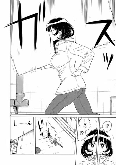 这是一组由三个分镜组成的黑白连环漫画：
1. 第一分镜：一位留着短发、戴着白色发带的女生侧身贴在墙边，旁边配有日文拟声词“ガス”，似乎正在快速移动或借助墙面发力。
2. 第二分镜：画面切换到建筑外侧，一个人物从高处的平台边缘失足坠落，伴随“しーん”“バッ”的拟声词，呈现出意外发生的瞬间。
3. 第三分镜：镜头切回短发女生，她瞪大双眼，脸上满是震惊的神情，头上的对话框里出现“！？”“…？”的疑惑又震惊的语气符号，表现出她对眼前突发意外的错愕反应。
整段漫画通过分镜的快速切换，制造出意外转折的戏剧效果。